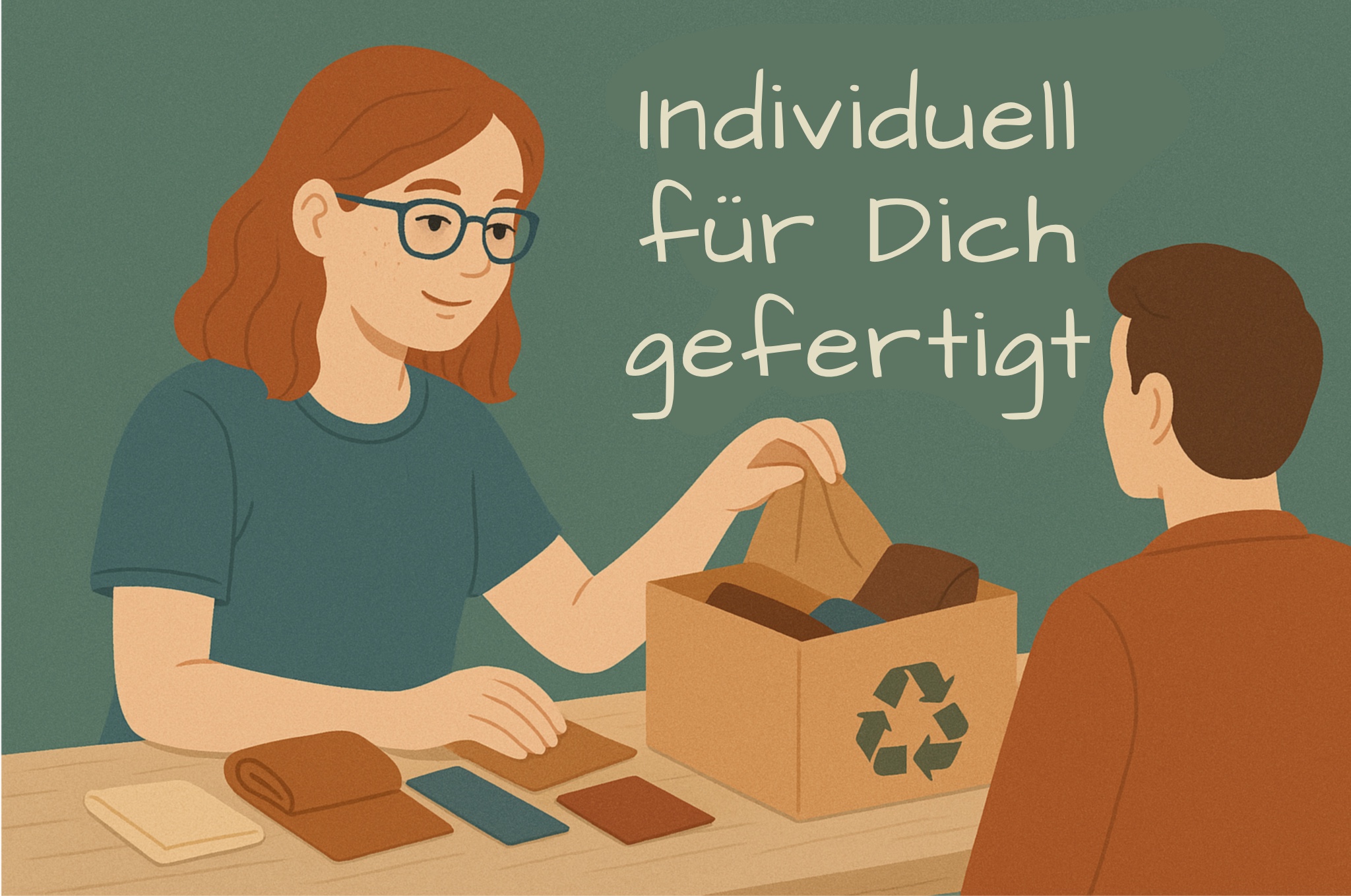 llustration einer jungen Frau, die einem Kunden verschiedene Stoffe und Farben zeigt. Auf dem Tisch liegen Muster und Farbfächer, während sie gemeinsam eine individuelle Materialkombination auswählen.