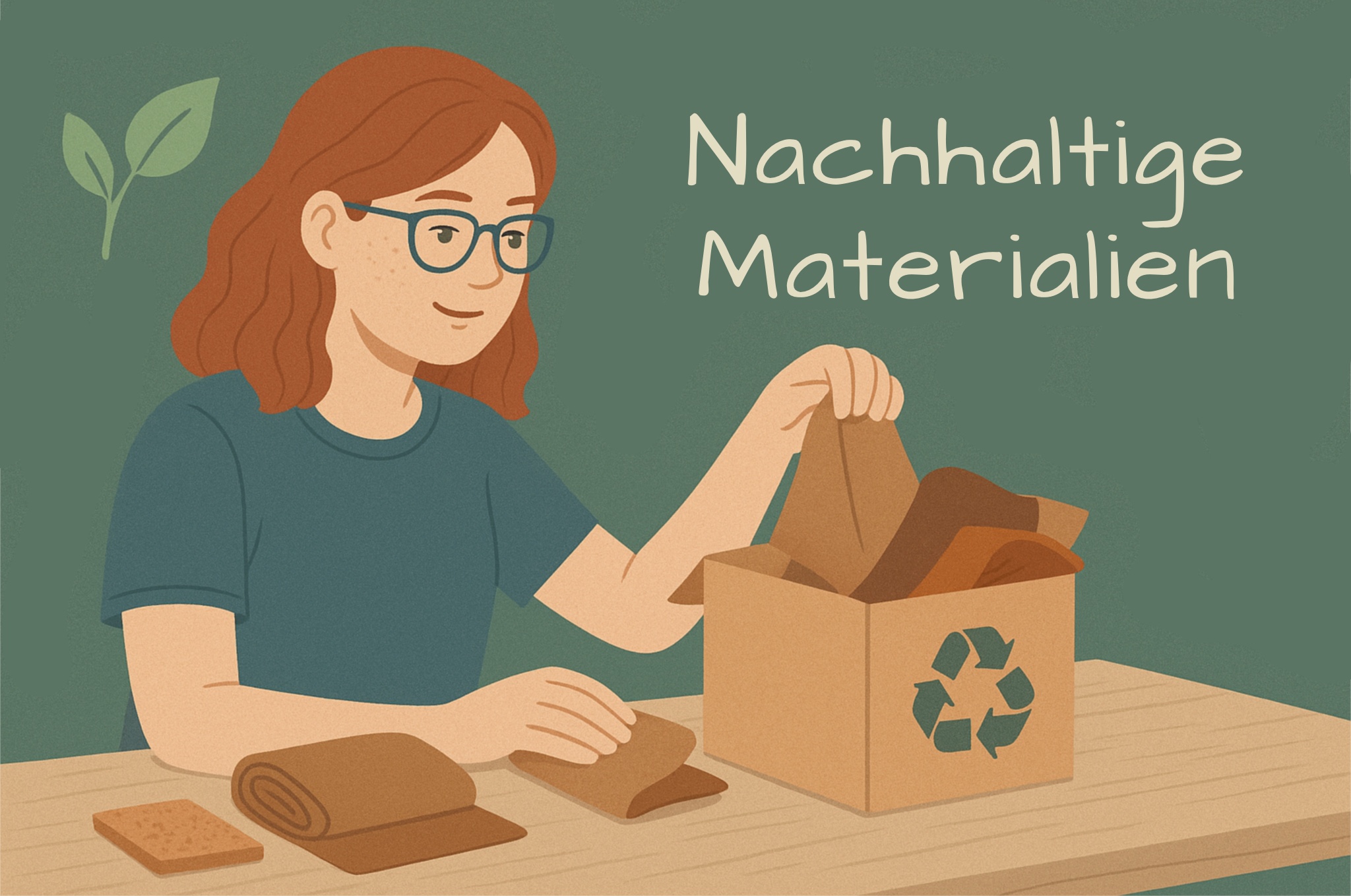 Illustration einer jungen Frau, die nachhaltige Materialien auswählt. Neben ihr liegt eine Box mit Recycling-Symbol, gefüllt mit Stoffen und Naturmaterialien in Erdtönen – Sinnbild für umweltbewusstes Arbeiten.