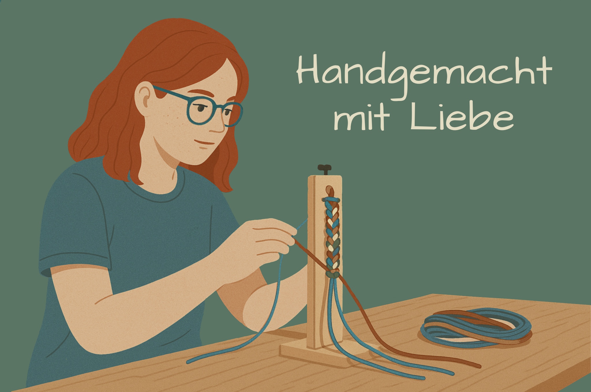 Illustration einer jungen Frau, die an einem Arbeitstisch handgefertigte Produkte herstellt. Man sieht sie seitlich beim Schneiden und Nähen, umgeben von Werkzeugen und Stoffstücken – Symbol für sorgfältige Handarbeit.